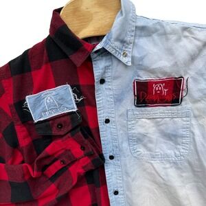 Unxpectd Angels & Demons Split Chambray & Flannel Shirt Mens Large Grunge